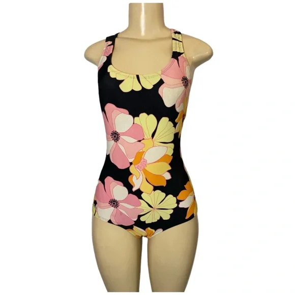 Speedo One Piece Swimsuit Racerback Black Floral Sz 8 Full Coverage UPF 50+ - Picture 3 of 10